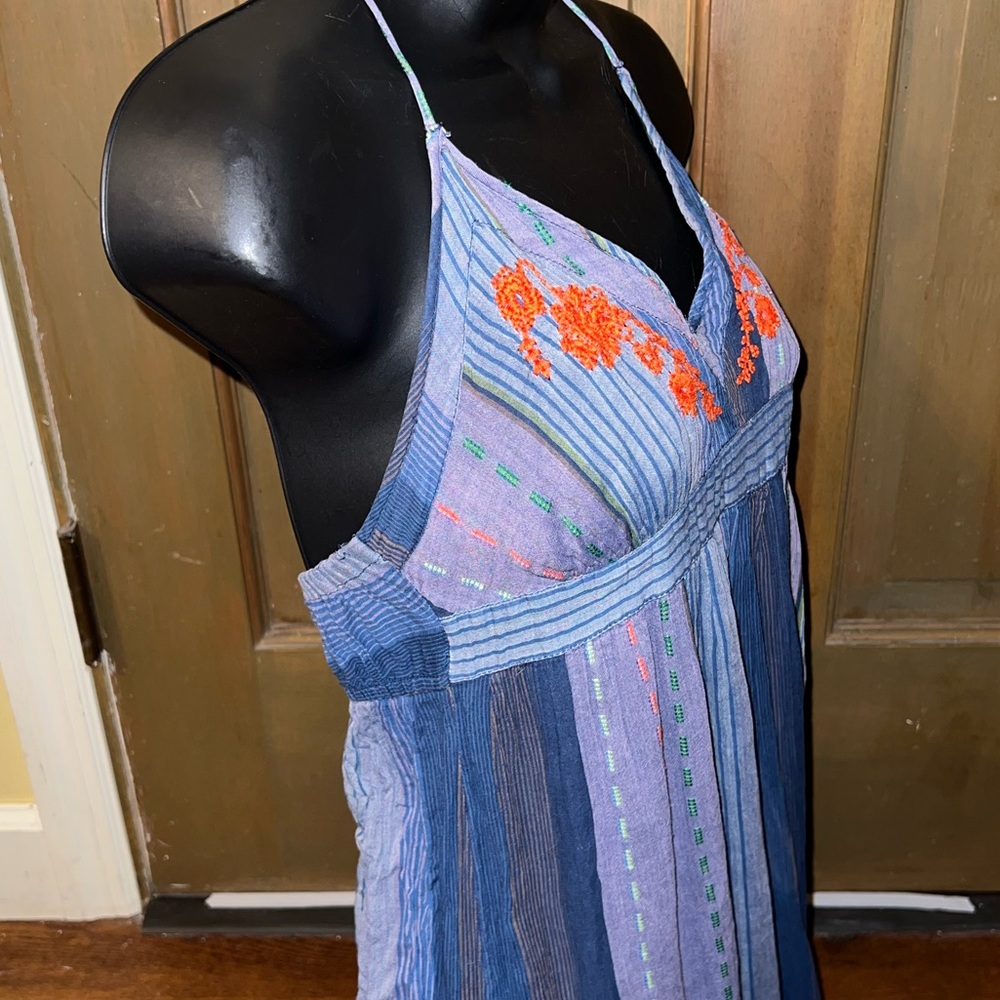 Vintage Blue Stripe Halter Open Back Embroidery Boho Ruffle Maxi Dress Size M - Picture 9 of 11